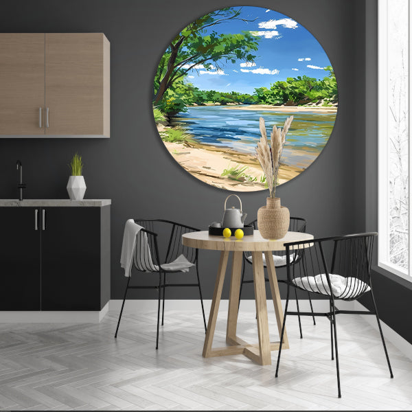 Digitale kunst van een serene rivier aluminium muurcirkel
