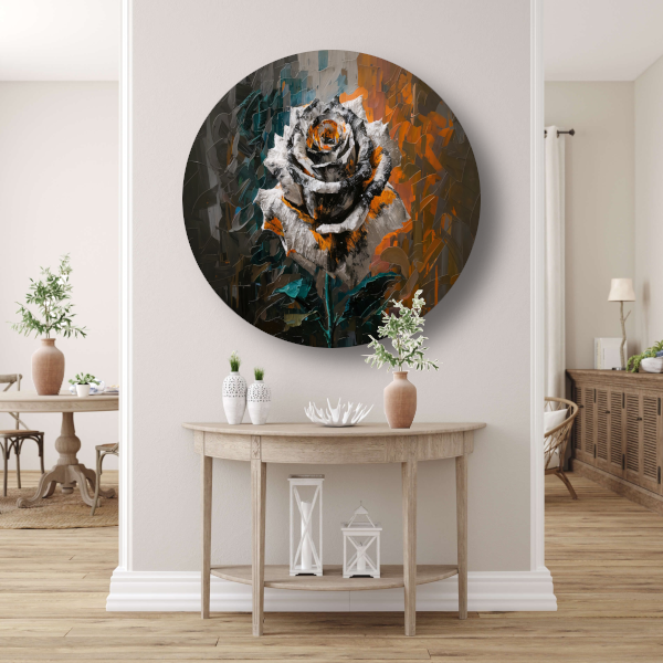 Abstracte Explosie van Oranje en Wit aluminium muurcirkel