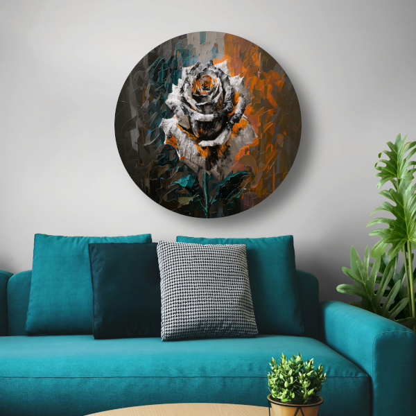 Abstracte Explosie van Oranje en Wit aluminium muurcirkel