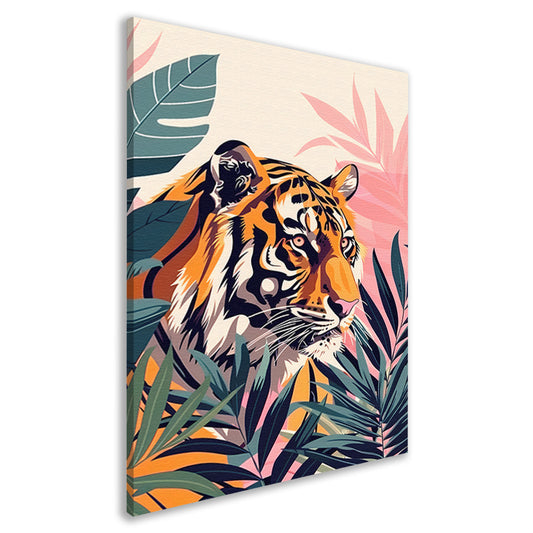 Kleurrijke tijger tussen tropische bladeren canvas