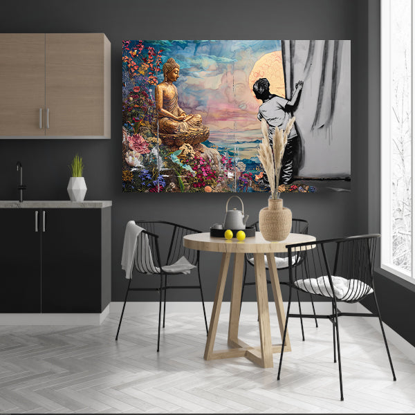 Jongen Ontdekt Spirituele Wereld achter Gordijn acrylglas