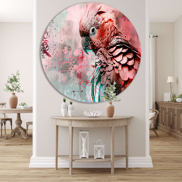 Kleurrijke digitale kunst van een papegaai aluminium muurcirkel