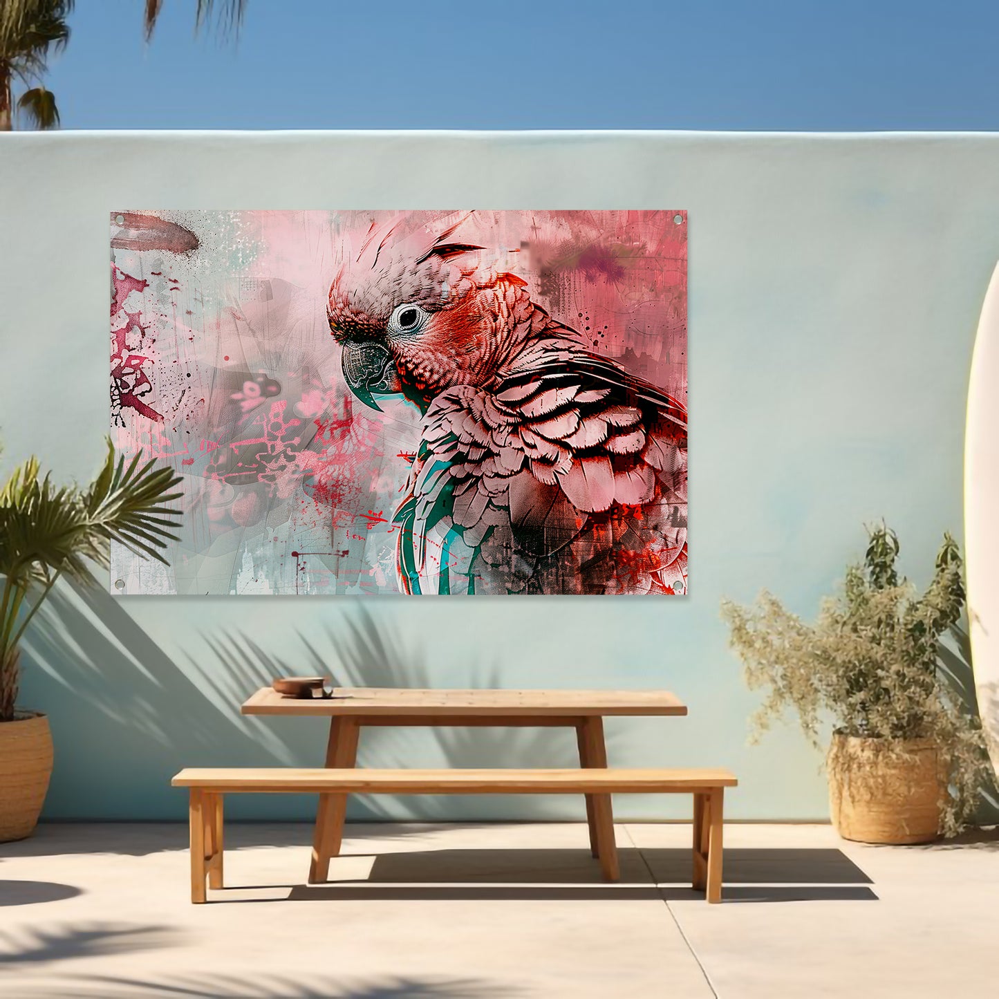 Kleurrijke digitale kunst van een papegaai tuinposter