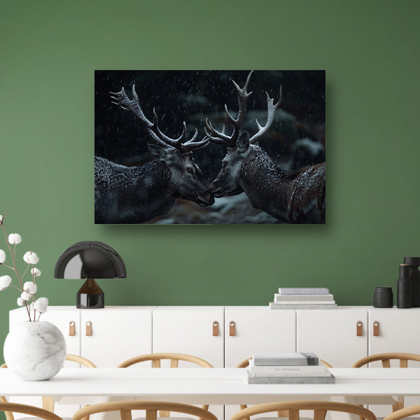 Twee herten met sneeuw bedekte geweien poster