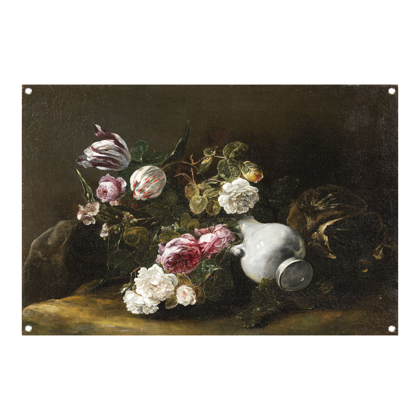 Stilleven met bloemen en een omgevallen kruik - Jan Fyt tuinposter