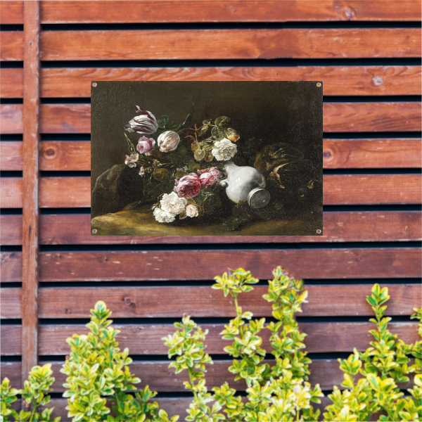 Stilleven met bloemen en een omgevallen kruik - Jan Fyt tuinposter