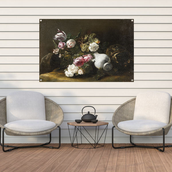 Stilleven met bloemen en een omgevallen kruik - Jan Fyt tuinposter