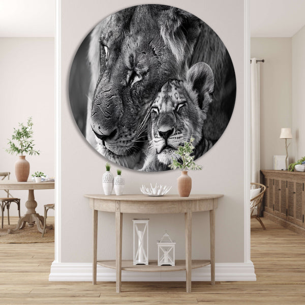 Knuffelende leeuwen in zwart-wit fotografie aluminium muurcirkel