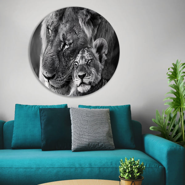 Knuffelende leeuwen in zwart-wit fotografie aluminium muurcirkel