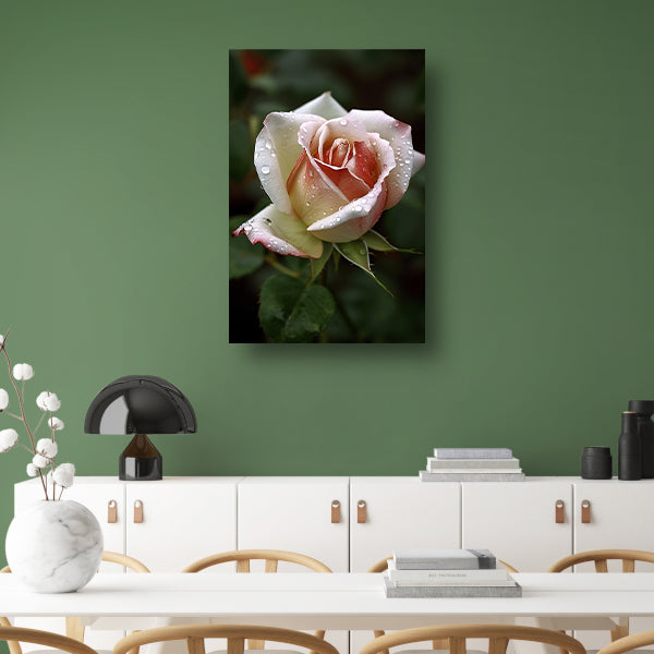 Roos met waterdruppels in close-up canvas met baklijst