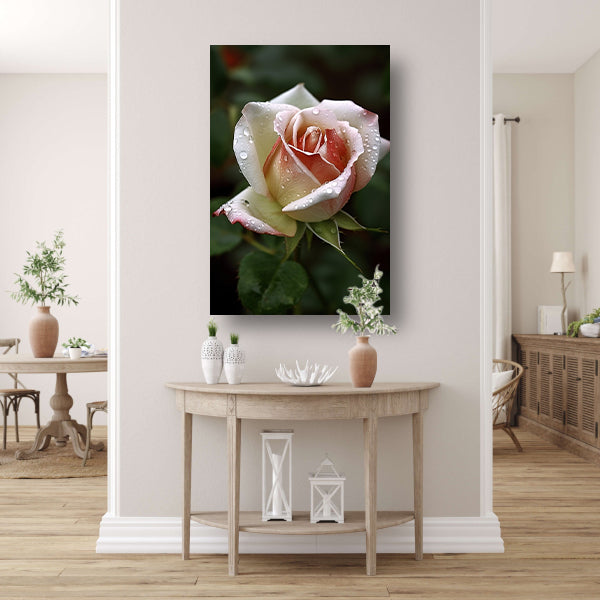 Roos met waterdruppels in close-up canvas met baklijst
