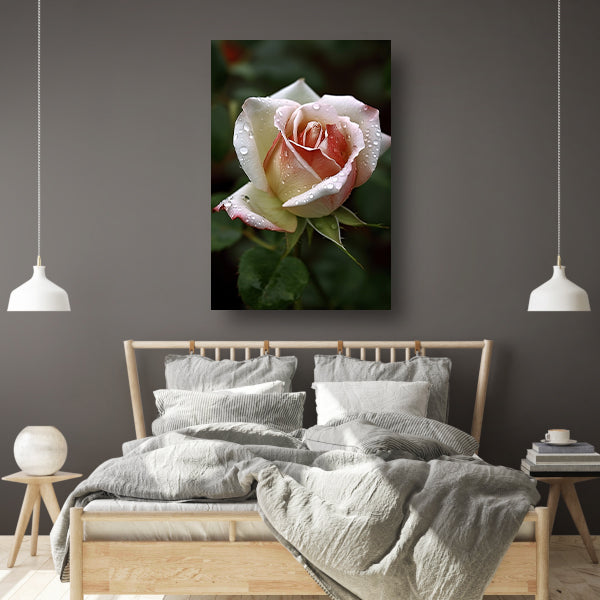 Roos met waterdruppels in close-up canvas met baklijst