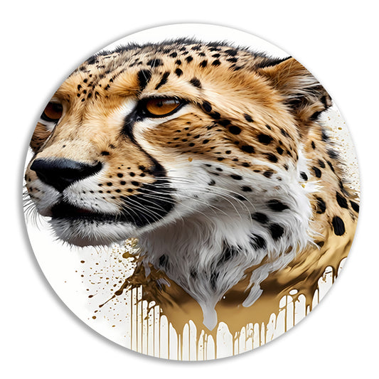 Dynamische Abstractie van Luipaard in Goudtinten aluminium muurcirkel