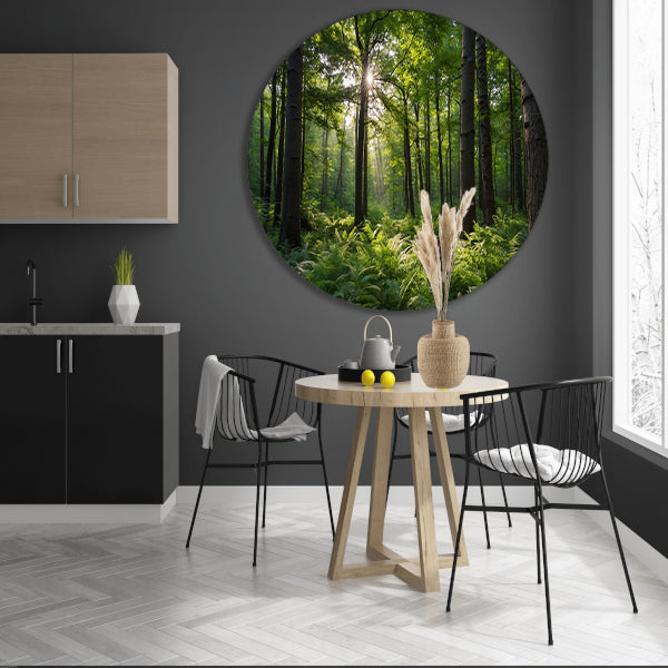 Zonnestralen door zomers groen bos aluminium muurcirkel