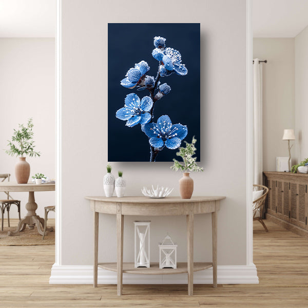 Blauwe bloemen met ijskristallen in close-up canvas