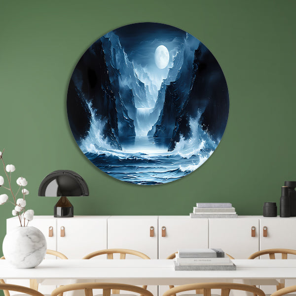 Magisch maanlandschap met waterval en bergen aluminium muurcirkel