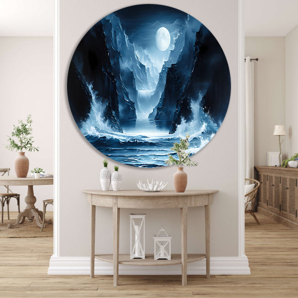 Magisch maanlandschap met waterval en bergen forex muurcirkel