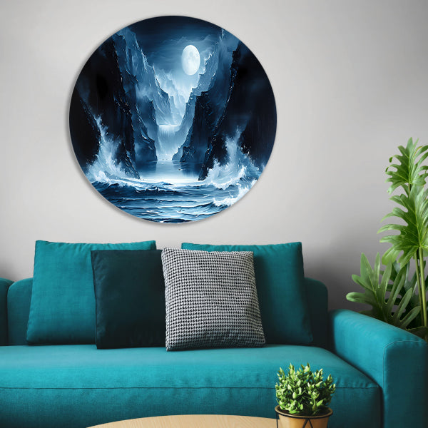 Magisch maanlandschap met waterval en bergen forex muurcirkel