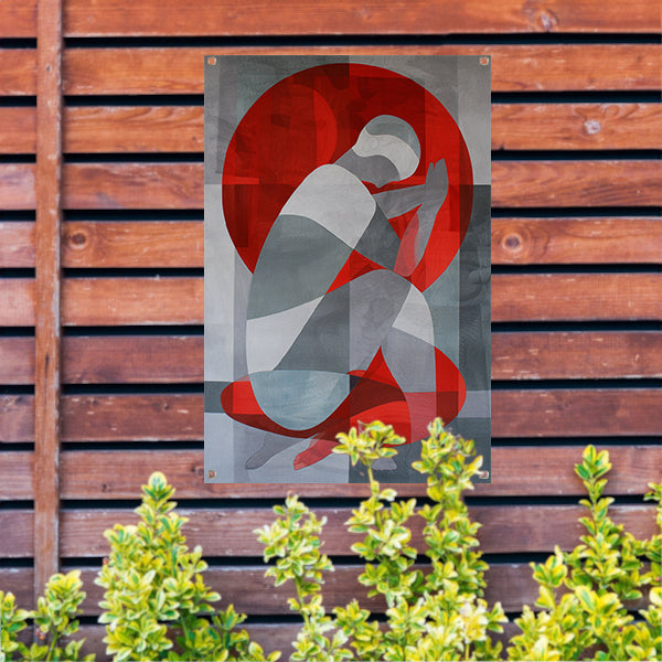 Abstracte kunst van geknielde persoon in cirkel tuinposter