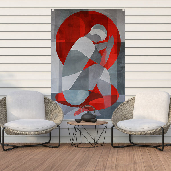 Abstracte kunst van geknielde persoon in cirkel tuinposter