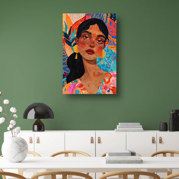 Kleurrijk portret van een vrouw met bloemen en abstracte vormen poster