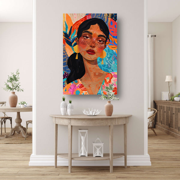 Kleurrijk portret van een vrouw met bloemen en abstracte vormen poster