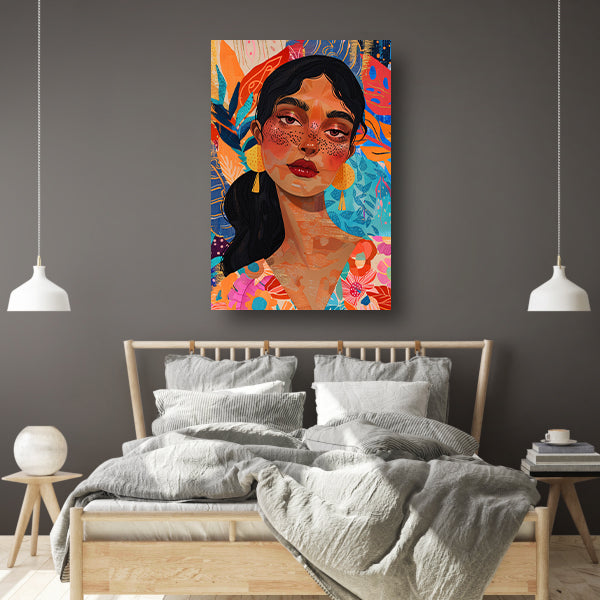 Kleurrijk portret van een vrouw met bloemen en abstracte vormen poster