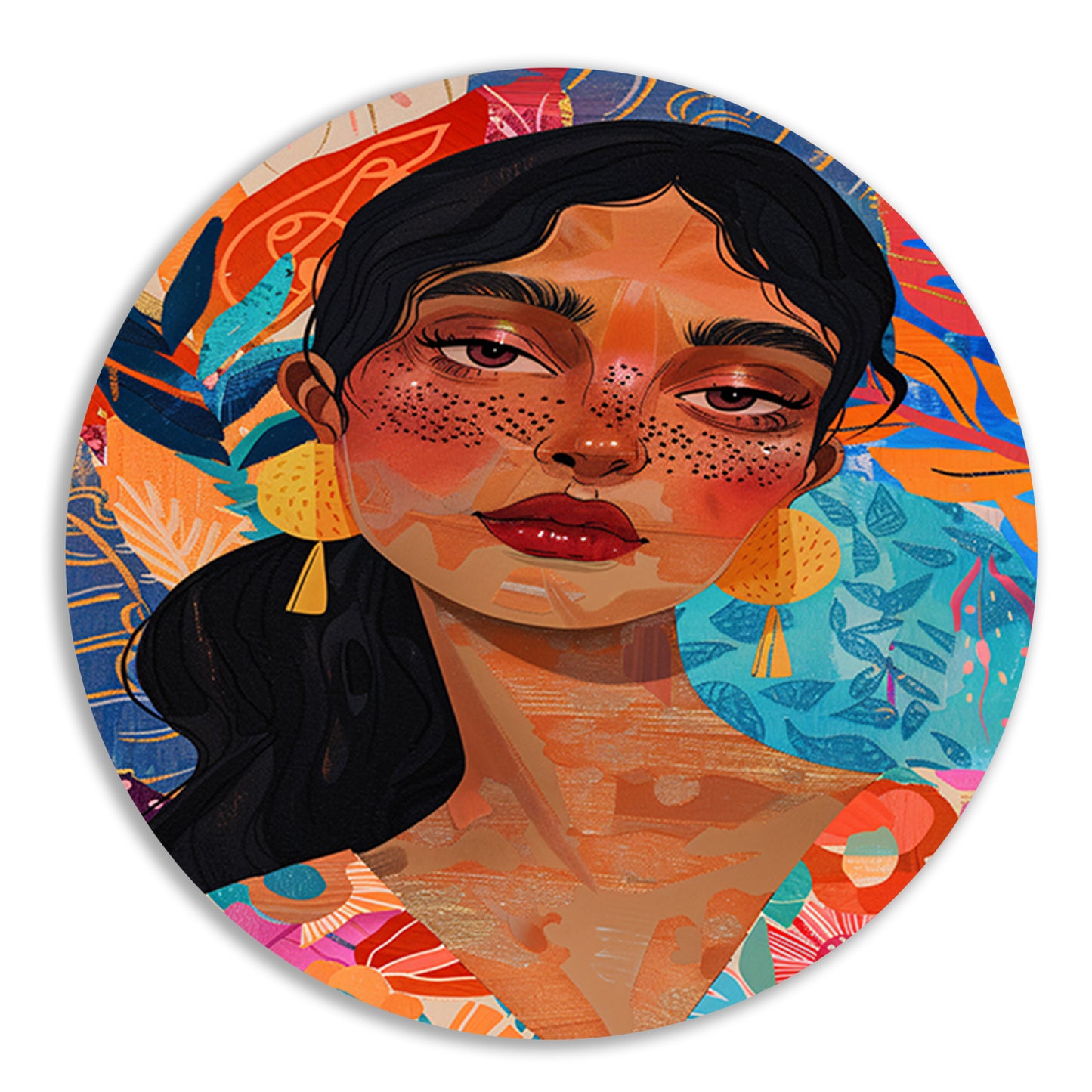 Kleurrijk portret van een vrouw met bloemen en abstracte vormen forex muurcirkel