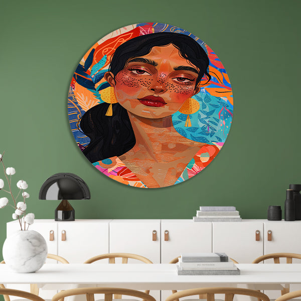 Kleurrijk portret van een vrouw met bloemen en abstracte vormen forex muurcirkel