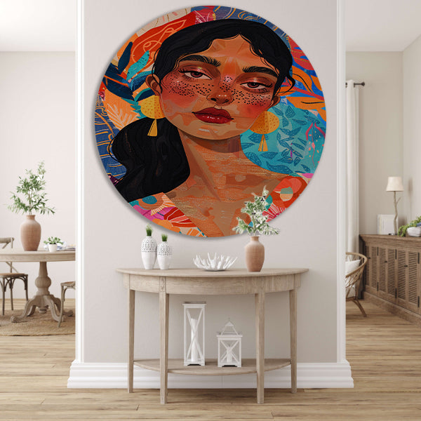 Kleurrijk portret van een vrouw met bloemen en abstracte vormen aluminium muurcirkel