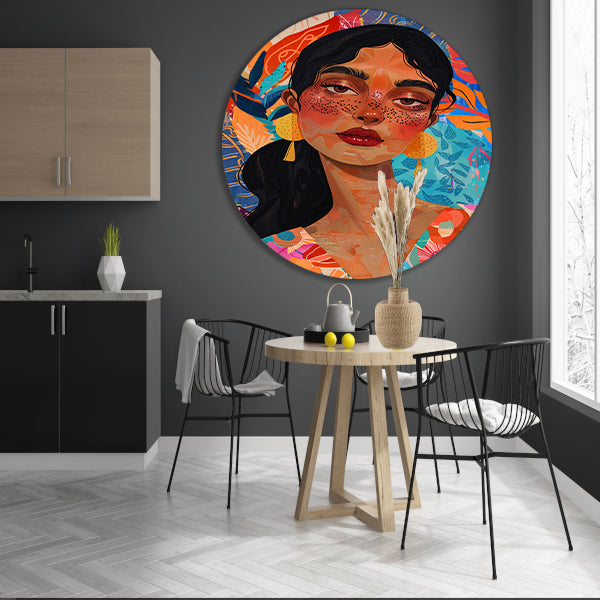 Kleurrijk portret van een vrouw met bloemen en abstracte vormen aluminium muurcirkel