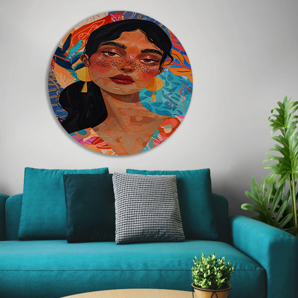 Kleurrijk portret van een vrouw met bloemen en abstracte vormen aluminium muurcirkel