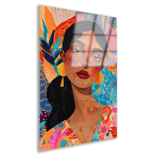 Kleurrijk portret van een vrouw met bloemen en abstracte vormen acrylglas