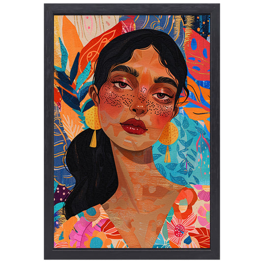 Kleurrijk portret van een vrouw met bloemen en abstracte vormen canvas met baklijst