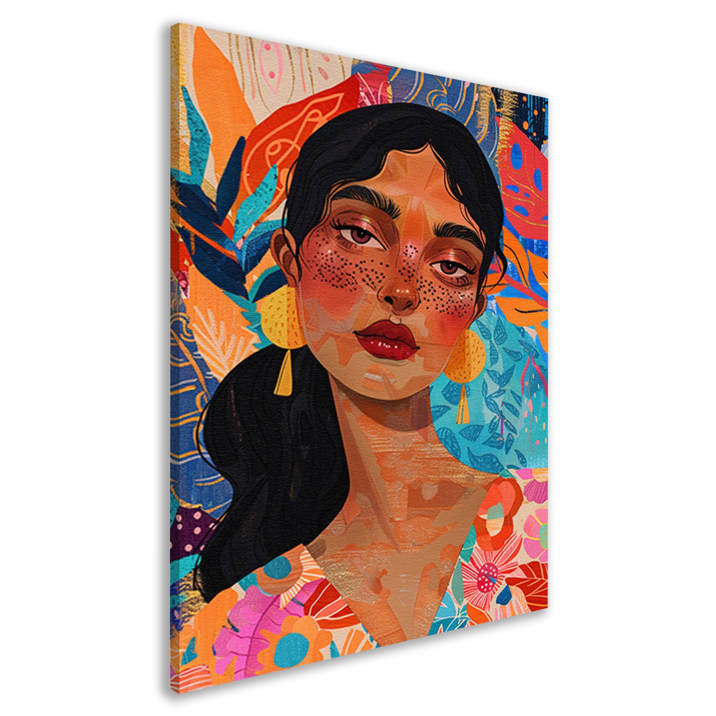 Kleurrijk portret van een vrouw met bloemen en abstracte vormen canvas