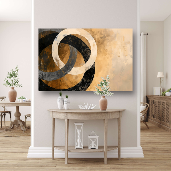 Overlappende sepia cirkels op beige achtergrond canvas met baklijst