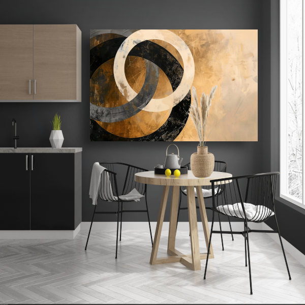 Overlappende sepia cirkels op beige achtergrond canvas met baklijst