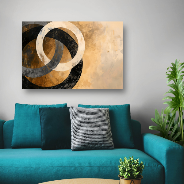 Overlappende sepia cirkels op beige achtergrond canvas met baklijst