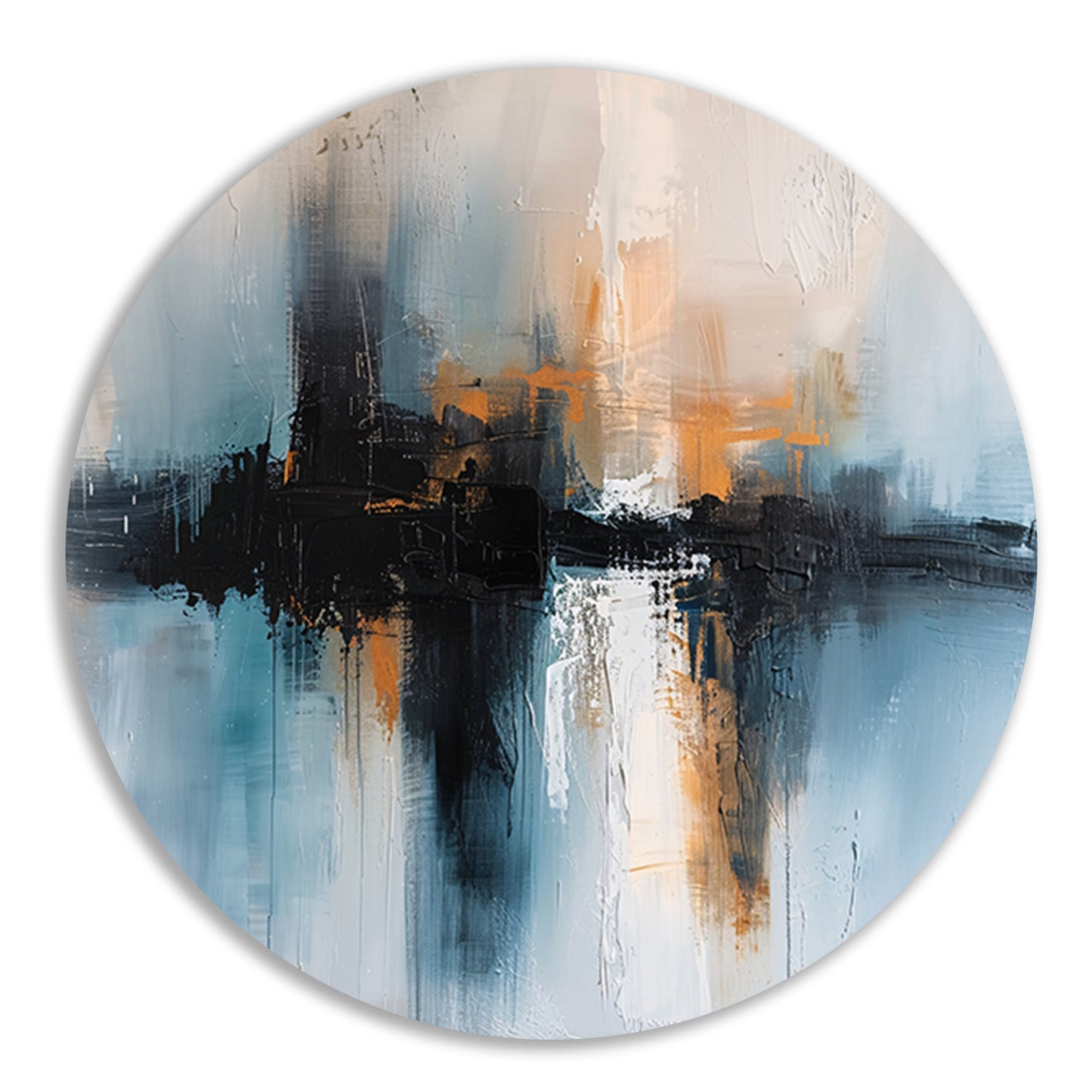 Abstracte stadsgezicht schilderij met dynamische kleuren aluminium muurcirkel