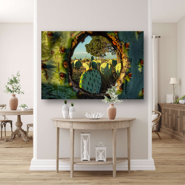 Close-up van cactus met landschap poster