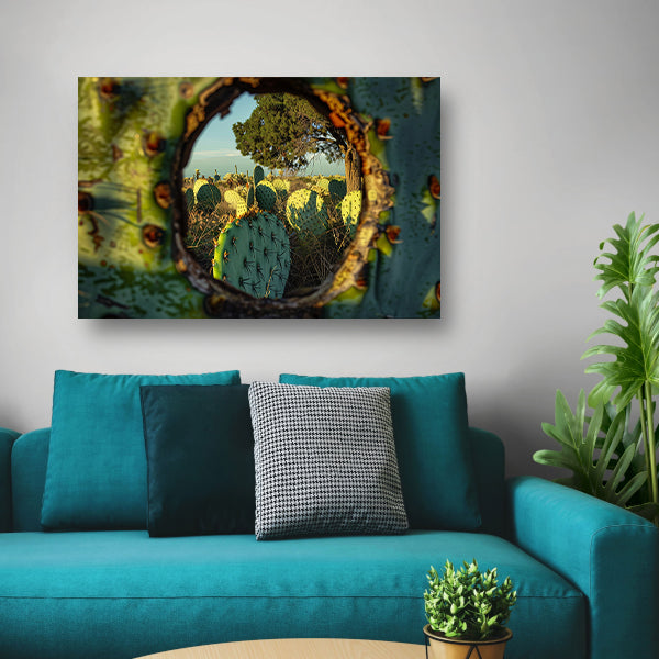 Close-up van cactus met landschap poster