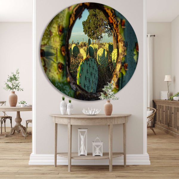 Close-up van cactus met landschap aluminium muurcirkel