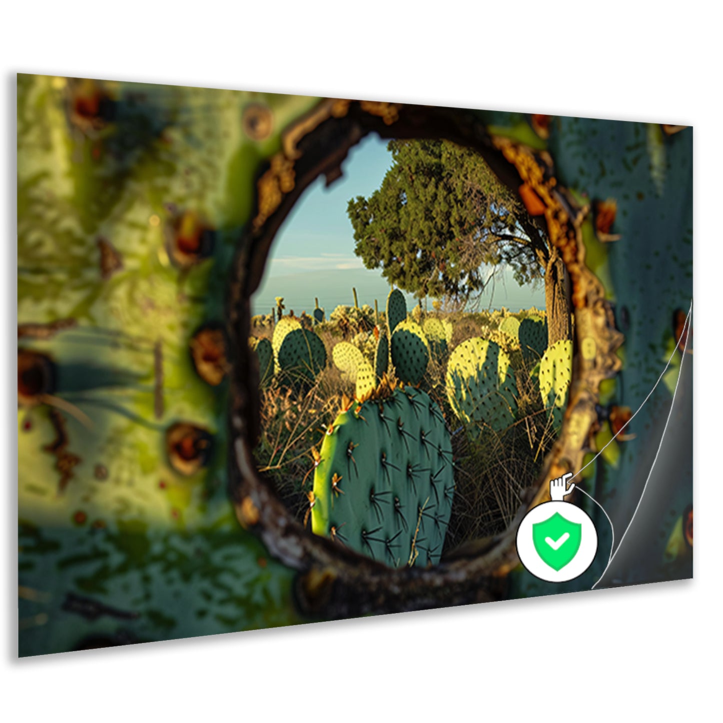 Close-up van cactus met landschap poster