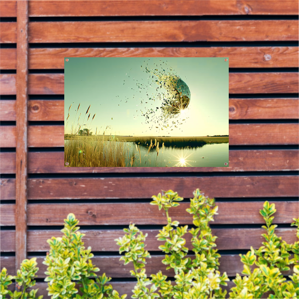 Zwevende wereldbol boven water tuinposter