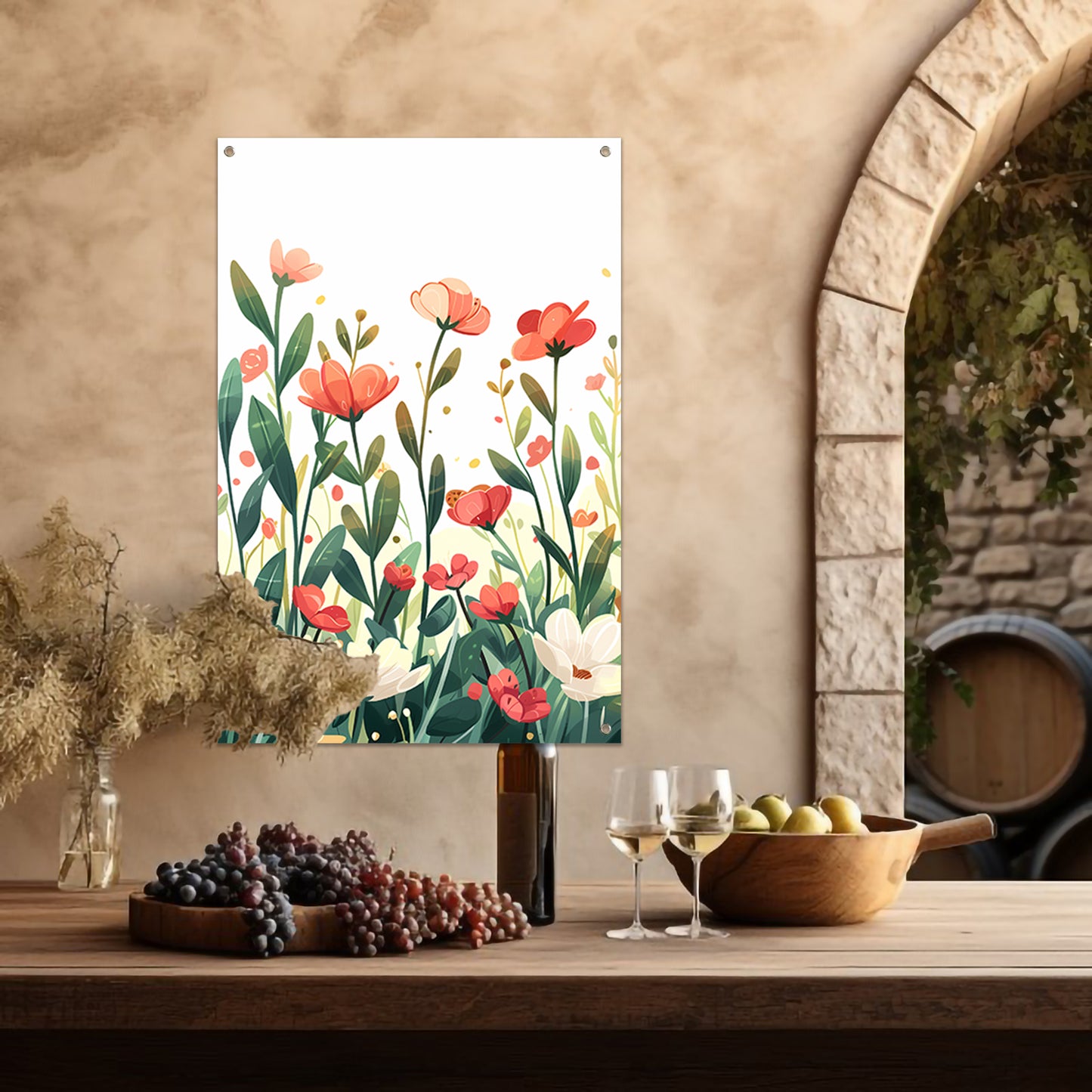 Kleurrijke Bloemenweide met Vlinder tuinposter