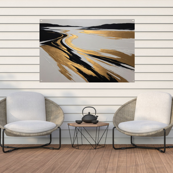 Golvende Horizon in Zwart, Wit en Goud tuinposter