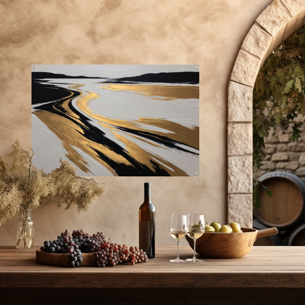 Golvende Horizon in Zwart, Wit en Goud tuinposter