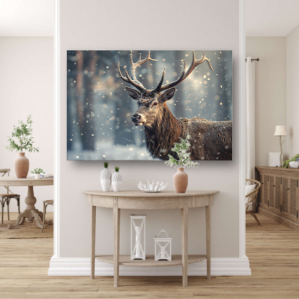 Majestueus hert in sneeuwval vastgelegd poster