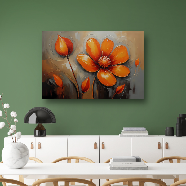 Oranje Bloem Impressie in Olieverf canvas met baklijst