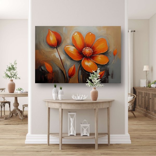 Oranje Bloem Impressie in Olieverf canvas met baklijst